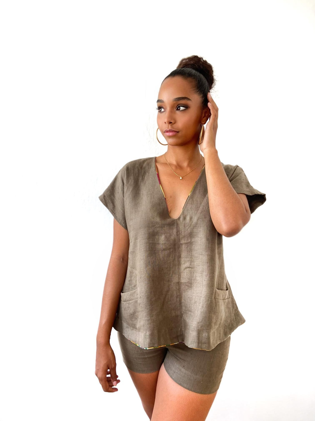 Ensemble tunique et short LIN 100% couleur kaki