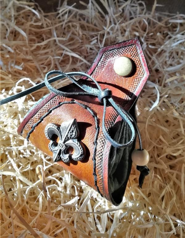 Bourse médiévale fleur de lys marron/vert sombre