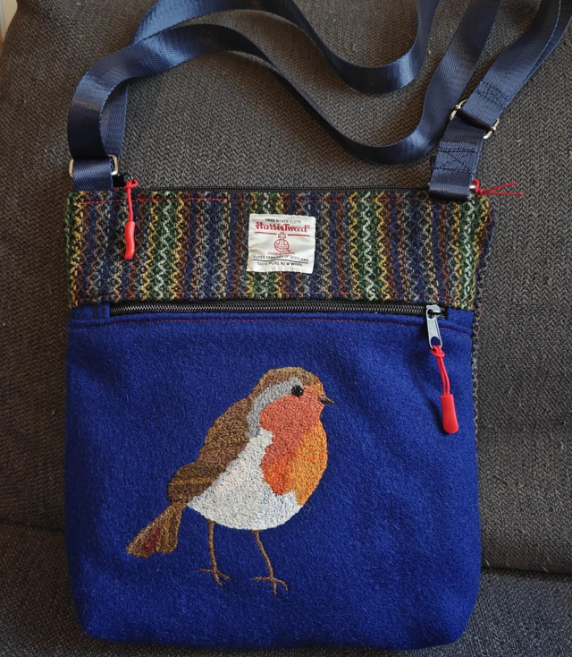 Hand embroidered Robin on Harris tweed cross body bag
