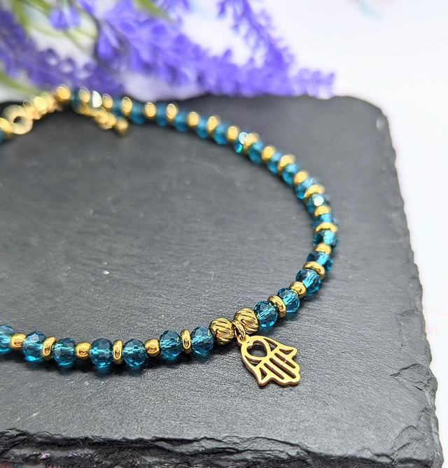 Gold Tone Plated Stainless Steel Boho Beaded Anklet with Hamsa Hand Charm 