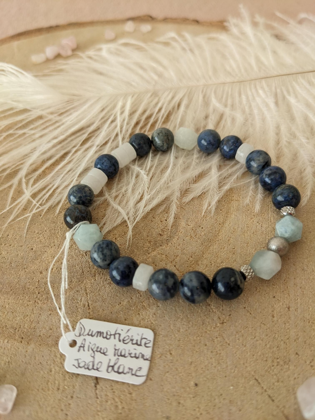 Bracelet Dumotiérite, Aigue marine et Jade blanc 