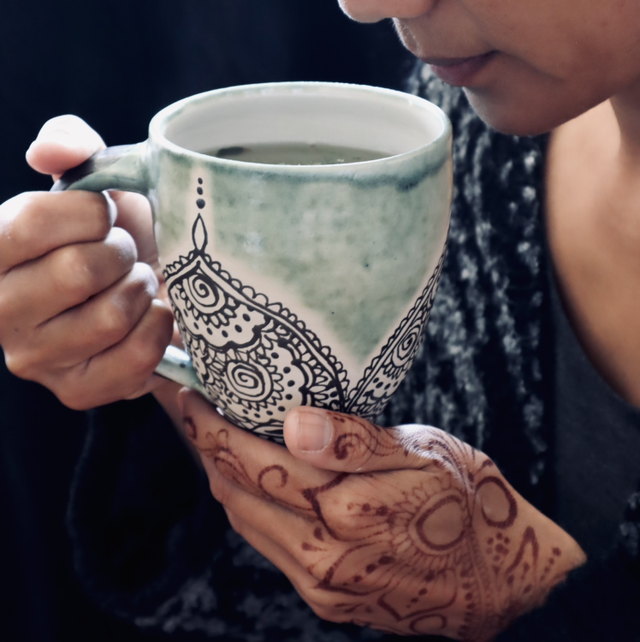 Large Stoneware Mug with Henna Mandala Patterns, handmade ceramics, colorful art mug in turquoise green colors