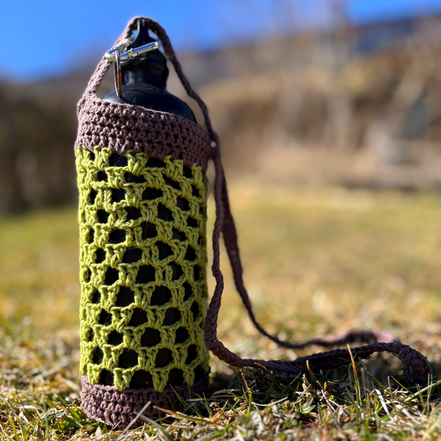 Porte-gourde en crochet - Vert & marron - Coton 
