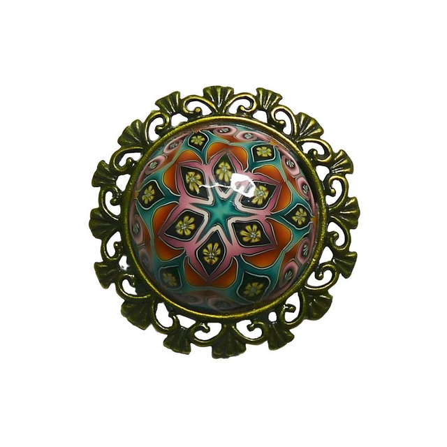 Broche rétro ronde mandala marron rose