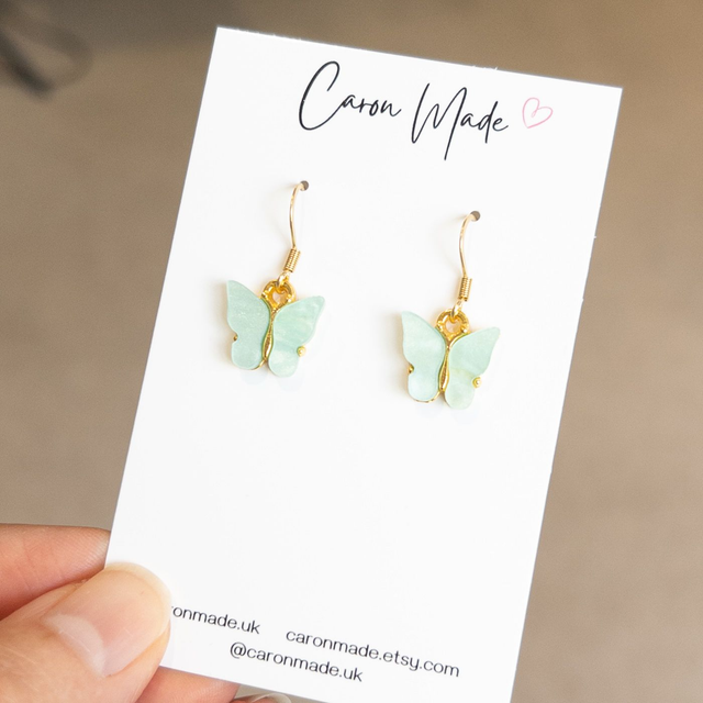 Butterfly charm earrings - light green and gold