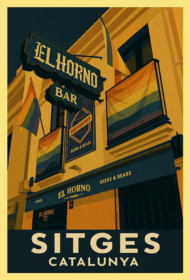 Póster vintage de Sitges - Bar El Horno y banderas del orgullo arcoíris
