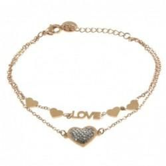 Bracciale donna in acciaio rosato con elemento a cuore e strass