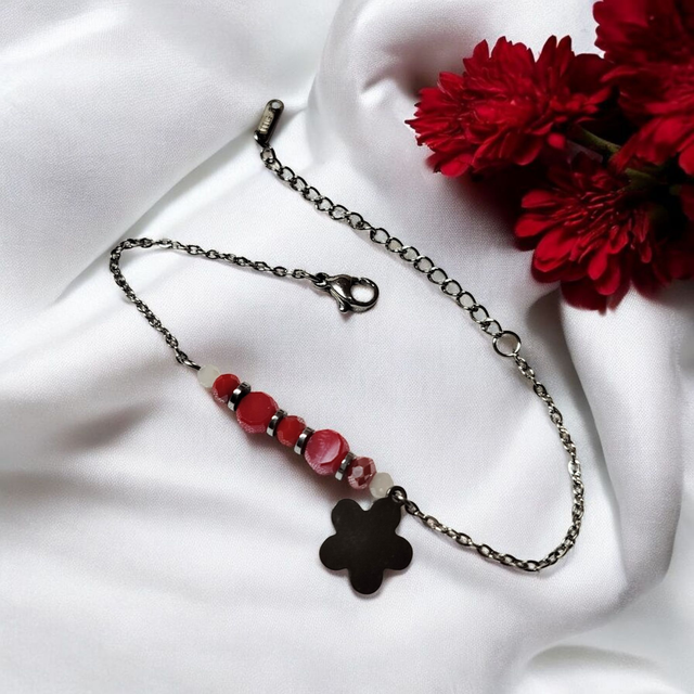 Bracelet acier inoxydable rouge et argenté