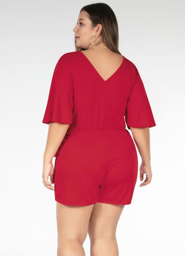 Macaquinho Short Saia Com Mangas 3/4 Cor Lisa Plus Size Cor Vermelho | Marguerite
