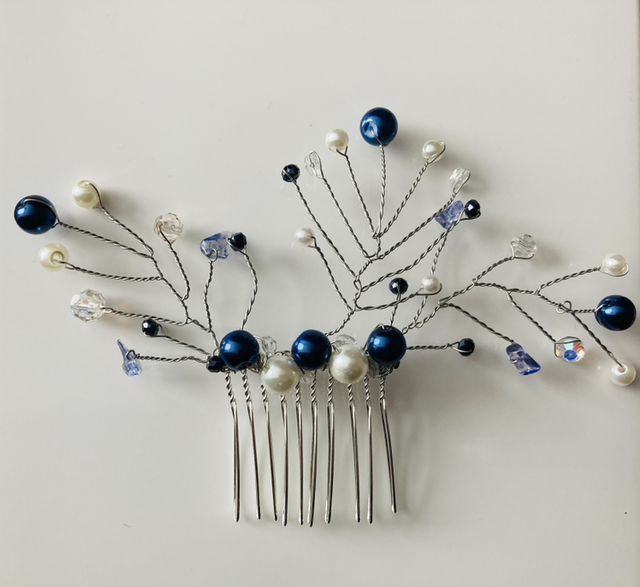 Blue Floral Spray Style Hand Wired Hair Comb Beaded with Beads, Faux Pearls, Crystals and Rhinestones, for Brides, Bridesmaids, Prom in Silver tones