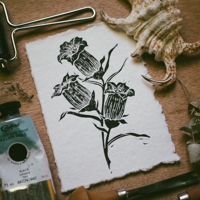 Linogravure - Campanule de Canterburry - A6