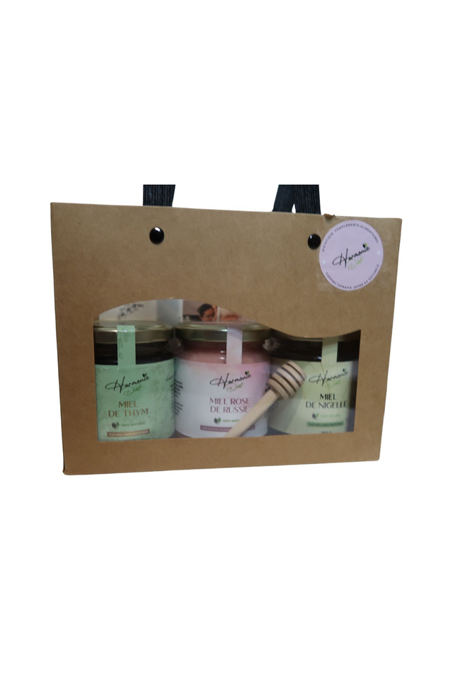 Coffret Grands Miels ( 3 miels de 250g + une cuillère en bois offerte dans un joli paquet cadeau ) 