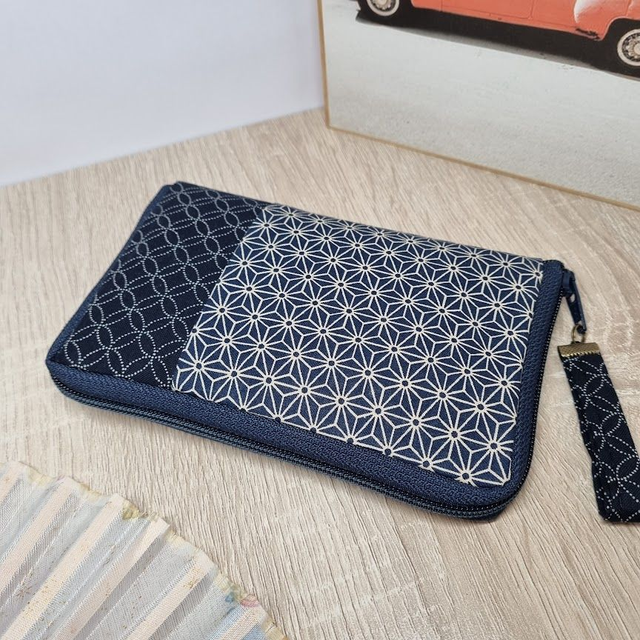 Portefeuille court zippé "Asanoha bicolore" bleu marine