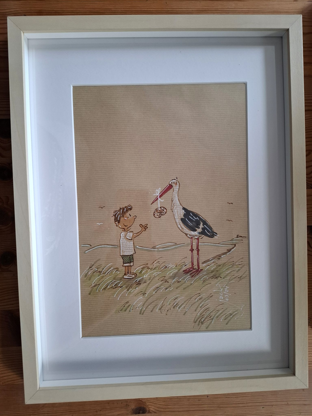 "Ma cigogne (garçon)" -  Dessin format A4 sur papier - cadre 32x42 - frais de port compris pour la France