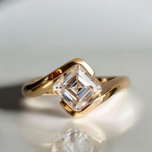 Beautiful Asscher Cut Moissanite & 18K Yellow Gold Vermeil Ring.