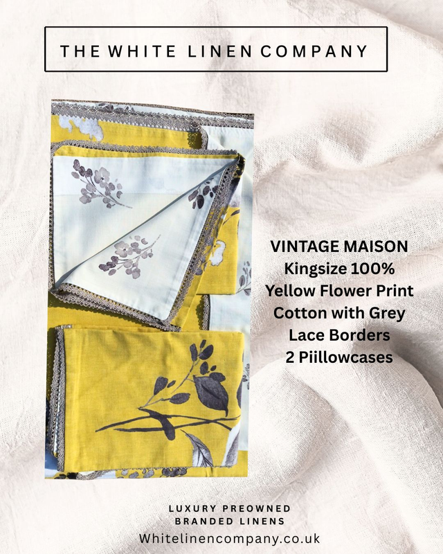 VINTAGE MAISON Kingsize 100% Yellow Flower Print Cotton with Grey Lace Borders 2 Piillowcases