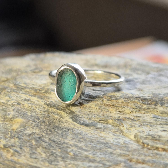 Size K Turquoise Sea Glass and Sterling Silver Ring 