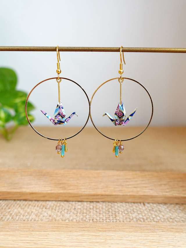 Oiseaux, Grue en Origami / Papier japonais washi / Bleu, violet, or / Créole, Anneaux /  Boucles d&#039;oreilles / Bijou origami /