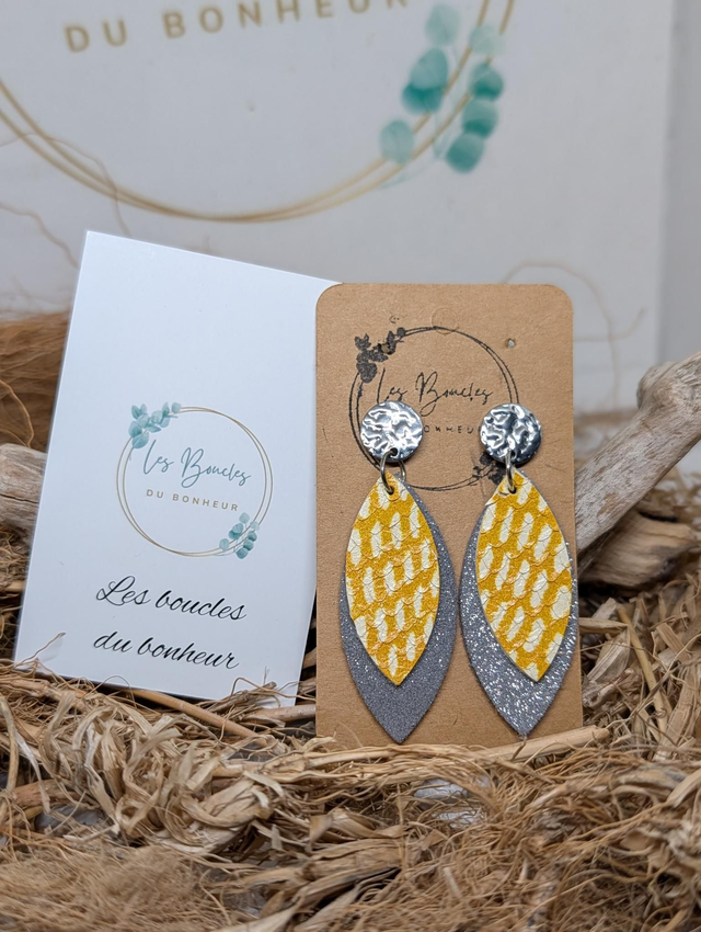 Boucles d'oreilles Feuille jaune grise paillettes f030