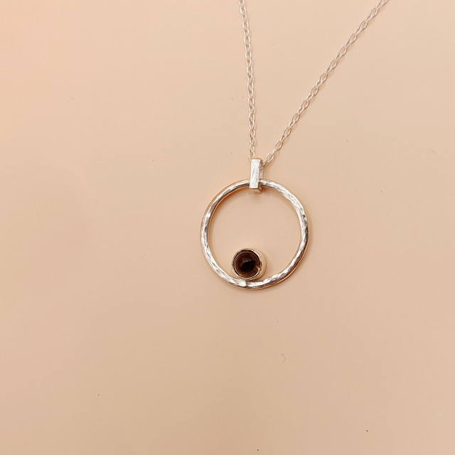Sterling silver hammered disc and smoky quartz necklace