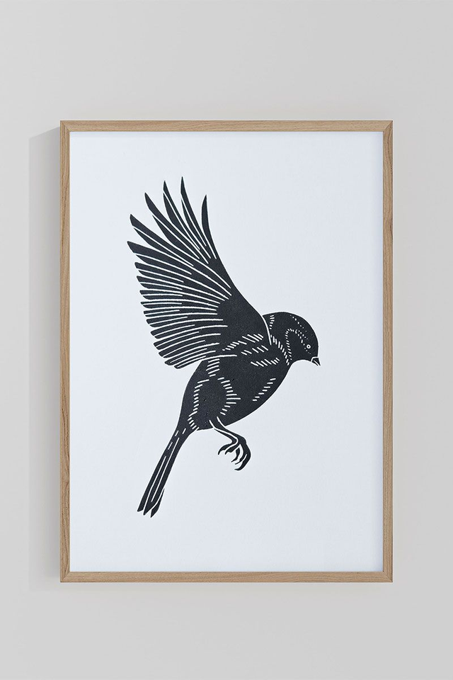 Linogravure  oiseau mésange – Linogravure artisanale imprimée à la main à l’encre noire