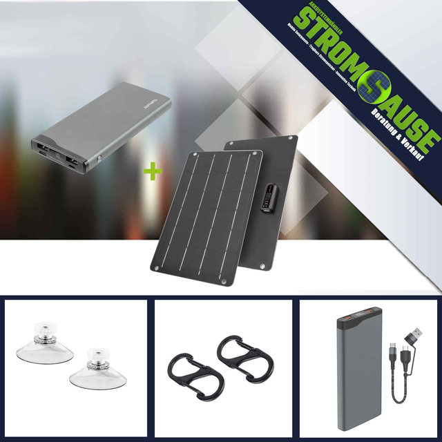 4smarts Powerbank 10000 mAh + 5W Solarfeld + Karabiner und Saugnäpfe