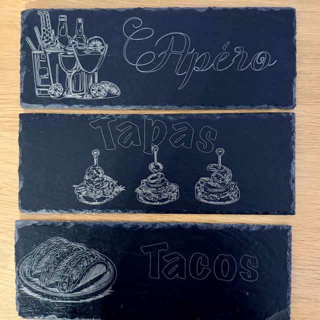 Plateau de présentation en ardoise – Gravure laser & design original