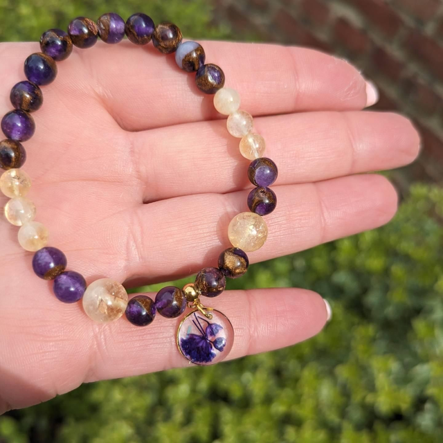 Bracelet Jaspe 💜, Citrine 💛 et fleurs séchées 🌸