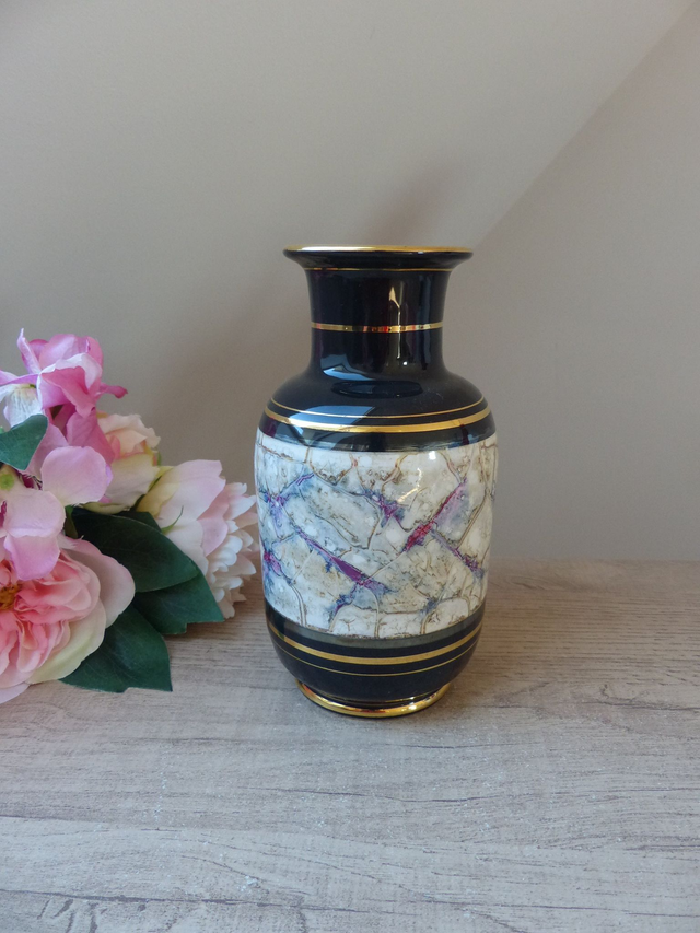 Vase vintage noir et doré en céramique marbrée – style oriental art déco – décoration élégante, pièce numérotée, cadeau pour amateur d’art