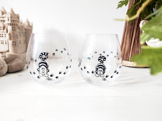 Duo de verres à whisky en cristal - "Chatons" - peints à la main
