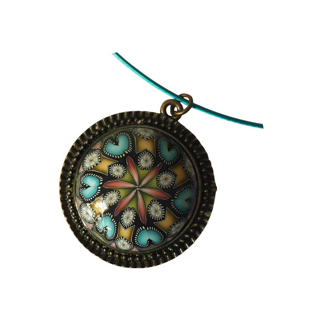 Collier ras de cou rétro rond mandala bleu jaune