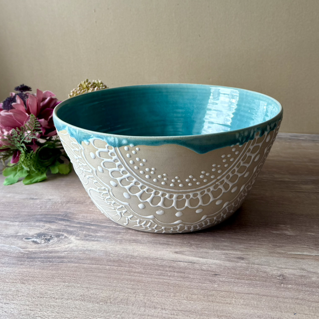 One-of-a-kind ceramic bowl / fruit bowl / large serving bowl, turquoise with white flower decor