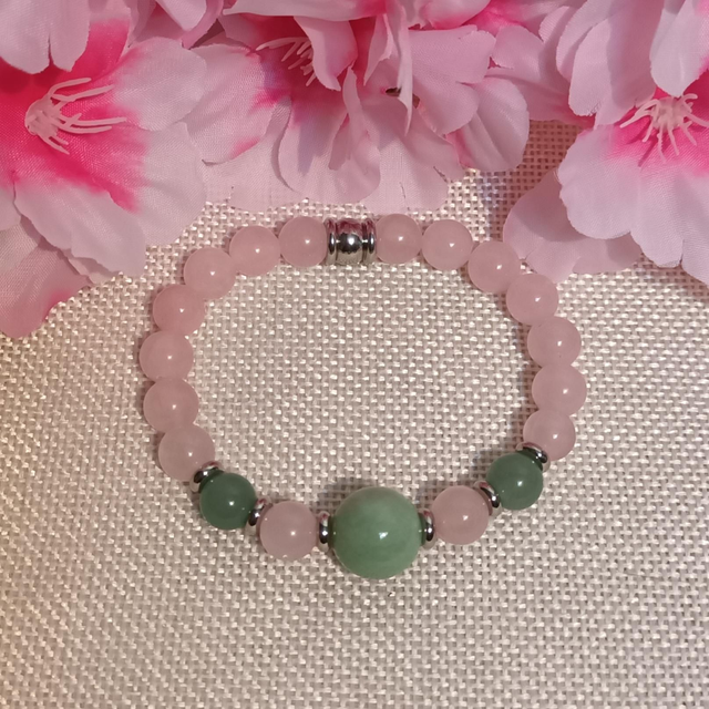 Bracelet quartz rose &amp; aventurine verte 8 mm