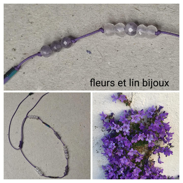 Bracelet améthyste &amp; agate rose pâle réglable sur fil de jade résistant, pièce unique 