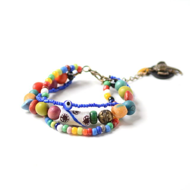 Bracelet éco-responsable Multirangs - PERLES et GRAINES RECYCLÉES, Chambre à air - Pièce Unique