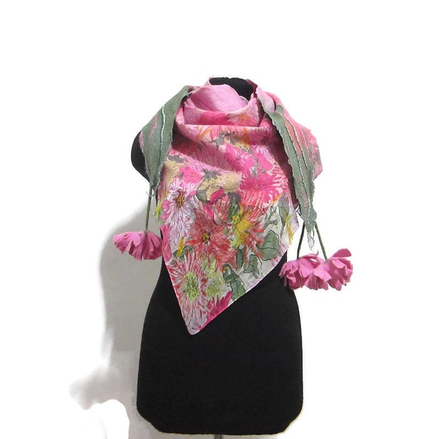 Scialle lana merino seta feltro Fatto a mano scialle Caldo infeltrimento fiori rosa