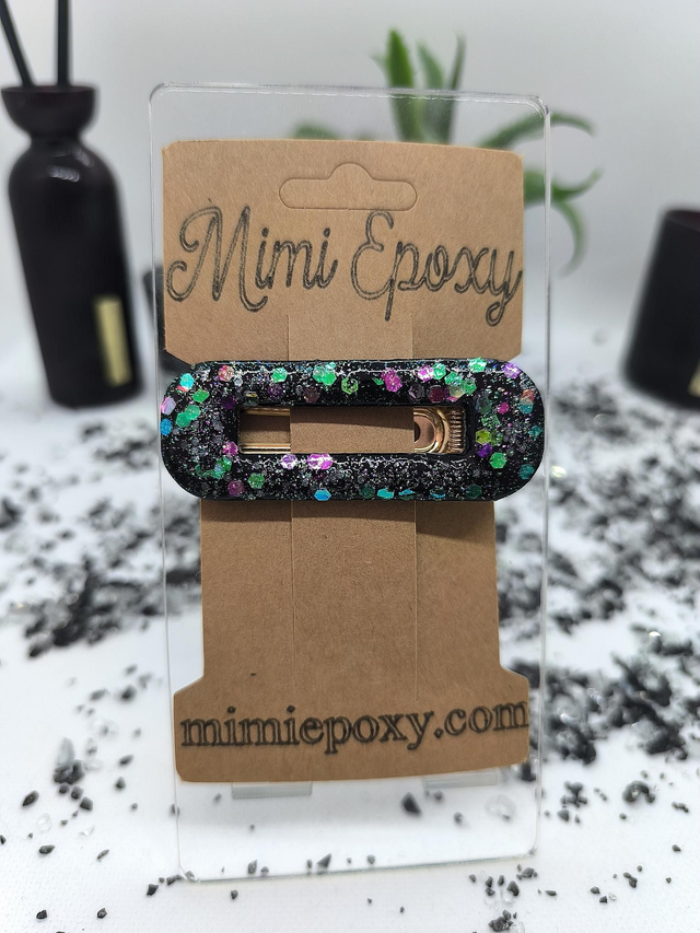 Barrette à cheveux rectangle noir holographique 