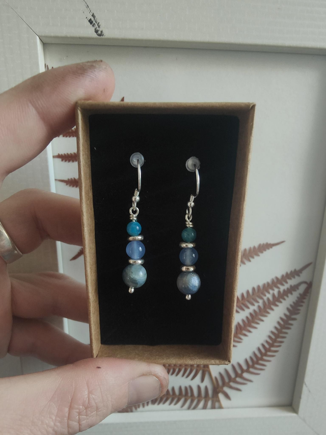 Boucles d&#039;oreilles &quot;Harmonie&quot; Triple Argent 925 : Apatite Calcédoine Cyanite