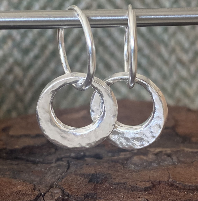 Fine Silver Hammered Circles on Hoop Earrings | Handmade Delicate Pair of Earrings