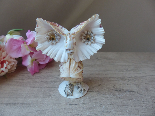 Statuette Chouette Hibou Vintage Coquillages Souvenir de Vacances, Sculpture Hibou en Coquillages, Artisanat d'Art Français, Home décor