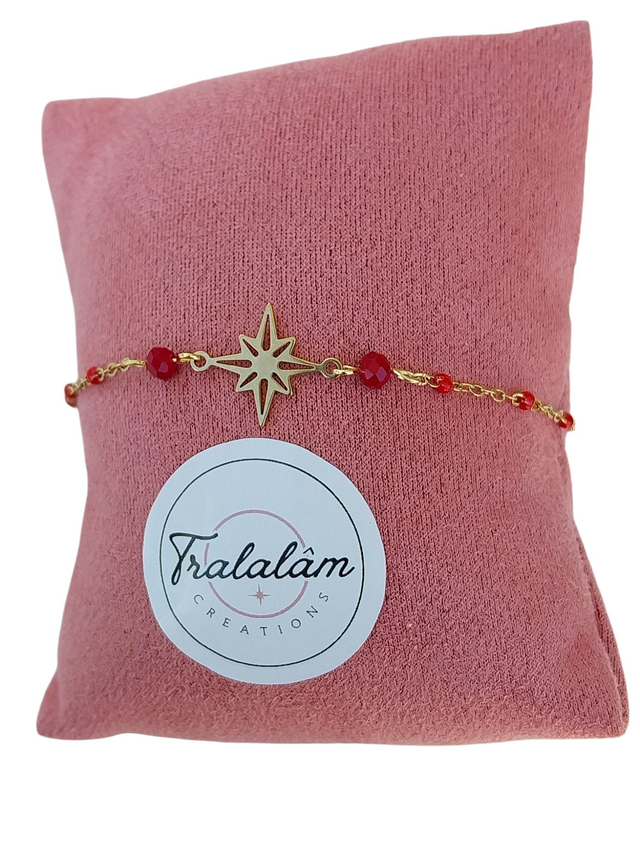 ✨Bracelet fin MA BONNE ÉTOILE chaîne perles bohème rouges✨(60BRA)