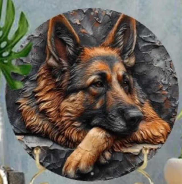 Vintage rond metalen bord Duitse Herder rustend (20cm)