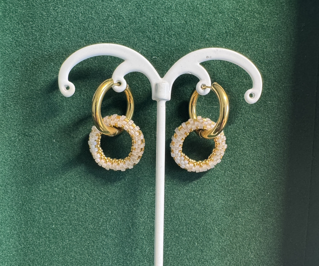 Créoles Anneau de Perles Tissées - Blanc et Or - Acier Inoxydable 