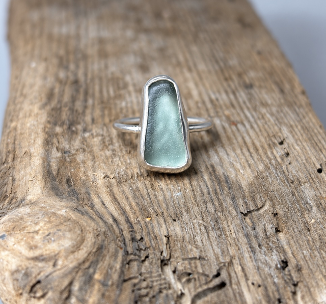 Grey Seaglass &amp; Recycled Silver Ring Size I