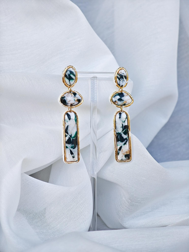 Green Marble kolekcija - Veliki viseči marmor uhani s zlato folijo