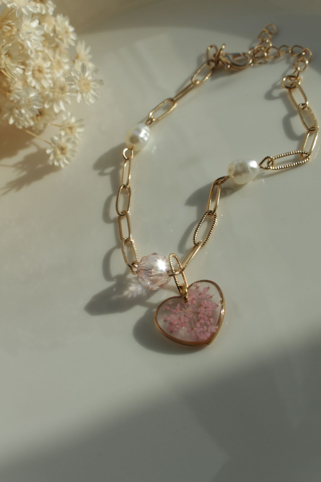 Bracelet coeur fleur rose