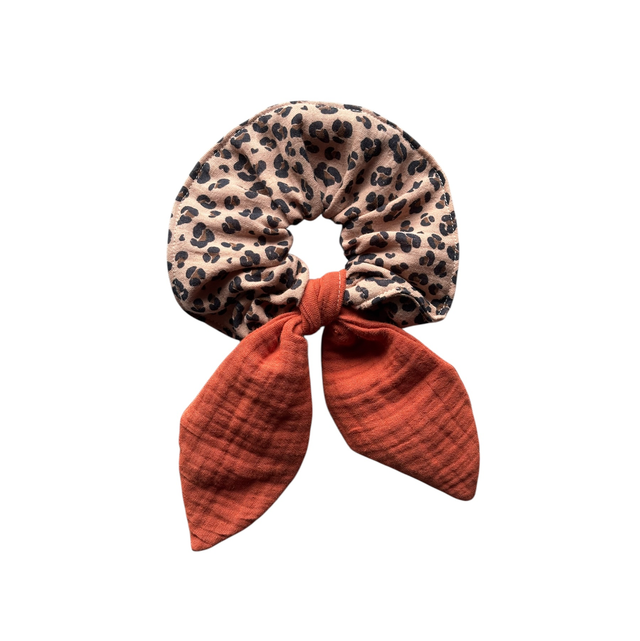 Chouchou léopard noisette , noeud terracotta 