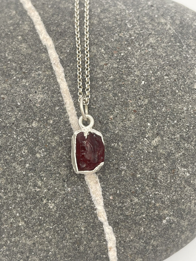 January - Garnet birthstone necklace - raw & wrapped with sterling silver