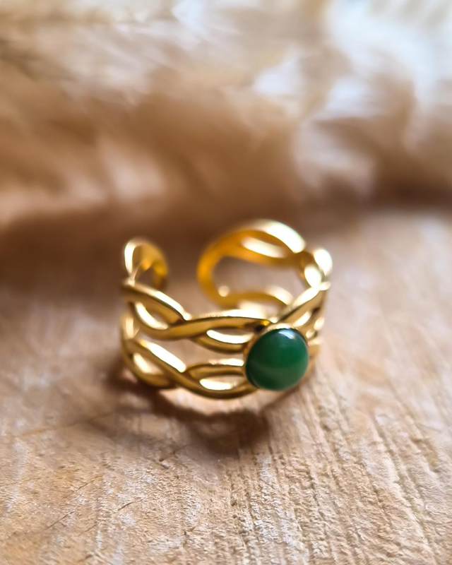 Bague torsade "Pierre verte" - Modèle doré