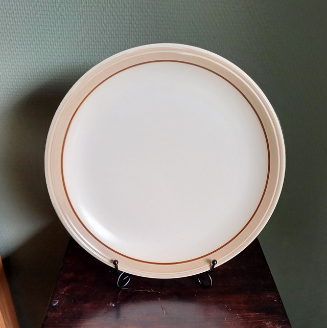 Biltons | Groot rond bord Taartbord Gebaksbord Serveerbord (diameter 28,5 cm | hoogte 3,5 cm) crème met dunne roodbruine bies | Vintage